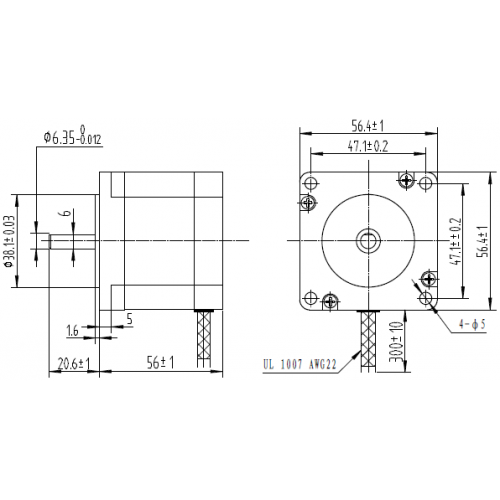 Pololu - Dimensions (in mm) of 57mm square (NEMA 23) by 76mm stepper motor.